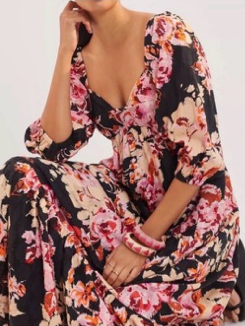Anthropologie Somerset Puff-Sleeve Maxi Dress Black Pink Floral Tiered M - Picture 5 of 13